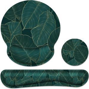 Ergonomic Mouse Pad with Wrist Rest and Keyboard Wrist Rest, Memory Foam Wrist Rest for Computer Keyboard, Easy Typing, Pain Relief, Mouse Pad Wrist Support for Gaming, Office, Laptop, Green Leaves