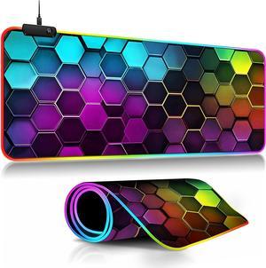 Extended Gaming Mouse Pad RGB with Stitched,Honeycomb Computer Keyboard Desk Mat LED 14 Lights Modes,Non-Slip Rubber Waterproof Keyboard Mouse Mat Desk Pad for Work, Game, Office, Home 31.5 x 11.8 in