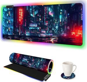 ARTSO RGB Gaming Mouse Pad Large, Extended Soft Led Mouse Pad with 14 Lighting Modes 2 Brightness, Water Resist Keyboard Pad, Computer Mousepads Mat 35.4x15.7inch, Night City