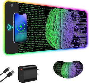 ToLuLu Wireless Charging RGB Gaming Mouse Pad, 15W LED Mouse Mat with 30W Charger, 14 Light Modes Large Mousepad Wrist Support, Non-Slip Rubber Base Desk Mat Computer Keyboard Pad, Right Left Brain