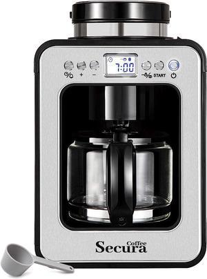 Secura Coffee Automatic Coffee Maker with Grinder, Programmable Grind and Brew Coffee Machine for use with Ground or Whole Beans, 17 oz Glass Carafe, Black (CM6686AT)