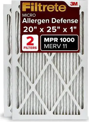 Filtrete 20x25x1 AC Furnace Air Filter, MPR 1000, MERV 11, Micro Allergen Defense, 3-Month Pleated 1-Inch Electrostatic Air Cleaning Filter, 2 Pack (Actual Size 19.688 x 24.688 x 0.84 in)