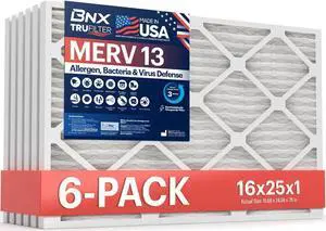 BNX TruFilter 16x25x1 Air Filter MERV 13 (6-Pack) - MADE IN USA - Electrostatic Pleated Air Conditioner HVAC AC Furnace Filters for Allergies, Pollen, Mold, Bacteria, Smoke, Allergen, MPR 1900 FPR 10