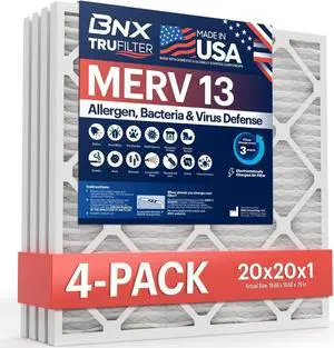 BNX TruFilter 20x20x1 MERV 13 (4-Pack) AC Furnace Air Filter - MADE IN USA - Electrostatic Pleated Air Conditioner HVAC AC Furnace Filters - Removes Pollen, Mold, Bacteria, Smoke