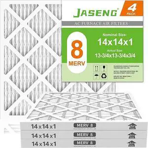 14x14x1 AC Furnace Air Filters, MERV 8 Dust Defense (4-Pack), JASENG MPR 600 Pleated HVAC Air Filter Replacement (exact dimensions: 13 3/4"x13 3/4"x3/4")