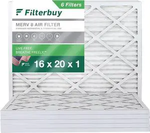 Filterbuy 16x20x1 Air Filter MERV 8 Dust Defense (6-Pack), Pleated HVAC AC Furnace Air Filters Replacement (Actual Size: 15.50 x 19.50 x 0.75 Inches)
