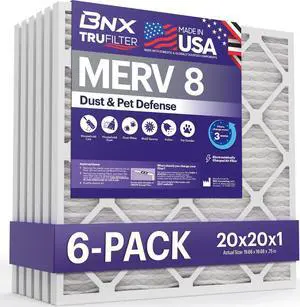 BNX TruFilter 20x20x1 Air Filter MERV 8 (6-Pack) - MADE IN USA  Dust & Pet Defense Electrostatic Pleated Air Conditioner HVAC AC Furnace Filters for Dust, Pet, Mold, Pollen MPR 600  700 & FPR 5