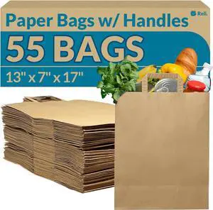 Reli. Paper Grocery Bags with Handles | 55 Pcs Bulk | 13"x7"x17" | Brown Paper Bags/Large Paper Grocery Bags | Kraft Take-Out Bags/Restaurant, Retail, Grocery, Shopping Bags