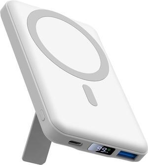 AOGUERBE for Magsafe Battery Pack, 10000mAh Magnetic Power Bank 15W Wireless Portable Charger, LED Display & Foldable Stand & Lighting Input, Slim Magnetic Charger for iPhone 15/14/13/12 Series-White