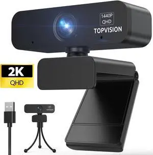 TOPVISION 2K QHD Webcam with Microphone,Plug and Play USB Camera for Windows, Linux, MacOS, Black