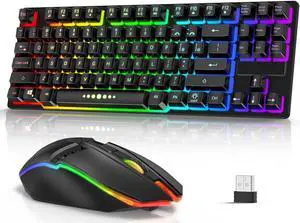 Wireless Keyboard and Mouse Combo, 87 Keys Rechargeable Gaming Keyboard Mouse Set, Silent Ergonomic Anti-Ghosting Keyboard, W/ 2.4G USB Receiver, 7 Color Backlit for Windows Desktop Laptop PC