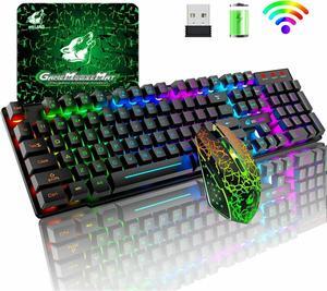 Wireless Gaming Keyboard and Mouse Combo with Mouse Pad, Rainbow LED Backlit Rechargeable Battery Mechanical Ergonomic Feel Dustproof 7 Color Backlit Mute Mice for Computer for Mac for PC Gamer
