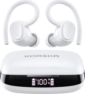 KORSKR Wireless Earbuds Bluetooth 5.3 Ear Buds 42Hrs Playtime Bluetooth Headphones with Charging Case Stereo Bass Over-Ear Earphones with Earhooks Built-in Mic Waterproof Headset for Sports White