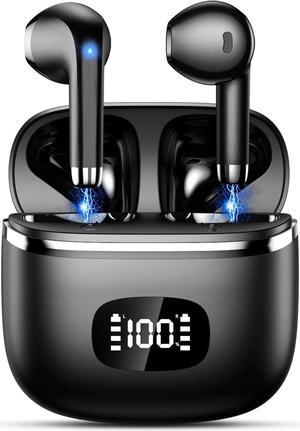 Deep Black Wireless Earbuds, HiFi Stereo, Bluetooth 5.3 Headphones, Mini Wireless Earphones with ENC Noise Cancelling Mic, Type-C Quick Charge, IPX7 Waterproof - Ideal for Work & Sports