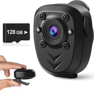 Mini Body Camera Video Recorder Built-in 128GB Memory Card with Night Vision IR & Loop Record HD 1080P, 4-6 HR Battery Life Wearable Police Cam for Home, Outdoor, Law Enforcement, Security Guard