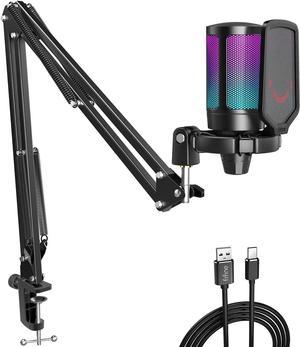 Fifine Gaming Microphone for PC Computer, USB Streaming Condenser Mic Kit with RGB, Quick Mute, Gain Knob, Boom Arm Stand, Pop Filter for Podcasts YouTube Discord-A6T