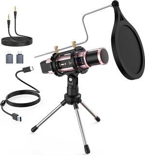 ZealSound Microphone,USB&3.5mm Mic,Type-C Adapter for Computer i Phone PC,Condenser Microphone with Echo Volume,Tripod Stand,Pop Filter,for ASMR Video Recording Streaming Singing Discord Twitch(Pink)