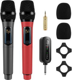 FerBuee UHF Wireless Handheld Microphone Dual Cordless Dynamic Karaoke Microphone with Receiver and Anti-Slip Ring, Adjustable Frequency, 100 ft, Ideal for Church, Wedding, Speech (Gray+Red)