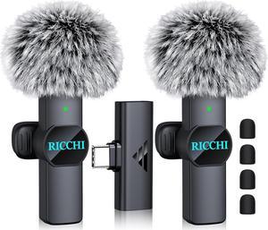 RICCHI Dual Wireless Microphone USB C for Android Phone, Type C Mini Microphone Clip on Lapel Mic, Lavalier Microphone Wireless for Video Recording Podcast Vlogging Live Stream Facebook