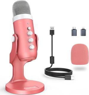 ZealSound Gaming USB Microphone,Pink Microphone with Quick Mute for Phone Computer PC PS5,Studio Mic with Gain Control,Echo&Monitor Volume Adjust for Streaming Vocal Recording ASMR Podcast Video K66