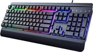 Gaming Keyboard, 104 Keys All-Metal Panel, Dacoity Rainbow LED Backlit Quiet Computer Keyboard, Wrist Rest, Multimedia Keys, Anti-ghosting Keys, Waterproof Light Up USB Wired Keyboard for PC Mac Xbox