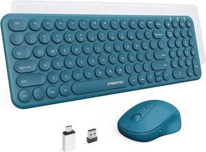 Wireless Keyboard and Mouse, XTREMTEC Compact Full Size Cute Keyboard Retro Round Keycap - 2.4GHz Ultra-Slim Quiet Aesthetic Keyboard for Laptop iMac Windows Computer (Teal-Blue)