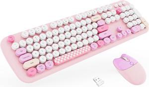 Wireless Keyboard Mouse Combo,COOFUN Cute Colorful 104 Keys Typewriter Retro Round Keycaps Keyboard for PC Laptop,Windows,Desktop, Home and Office Keyboards (Pink)