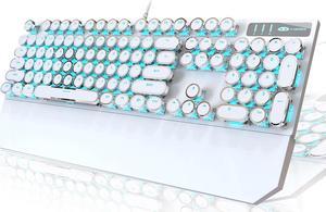 Typewriter Style Mechanical Gaming Keyboard, White Retro Punk Gaming Keyboard with Blue Backlit, 104 Keys Blue Switch Wired Cute Keyboard, Round Keycaps for Windows/Mac/PC