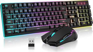 RedThunder K10 Wireless Gaming Keyboard and Mouse Combo, LED Backlit Rechargeable 3800mAh Battery, Mechanical Feel Anti-ghosting Keyboard + 7D 3200DPI Mice for PC Gamer (Black)