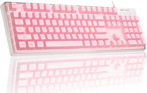 Gaming Keyboard, 7 Solid Colors Backlit Wired Gaming Keyboard with Clear Housing and Double-Shot Keycaps, MageGee K1 Waterproof Ergonomic 104 Keys Light Up Keyboard for PC Desktop Laptop, Pink