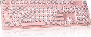 Retro Steampunk Typewriter-Style Gaming Keyboard, Blue Switches,Pure White Backlight, USB Wired, for PC Laptop Desktop Computer, for Game and Office, Stylish Pink Mechanical Keyboard Round Keycaps