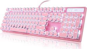 Typewriter Style Mechanical Gaming Keyboard, Pink Retro Punk Gaming Keyboard with White Backlit, 104 Keys Blue Switch Wired Cute Keyboard, Round Keycaps for Windows/Mac/PC