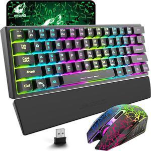 Wireless Keyboard and Mouse,61 Key Rainbow Backlit Gaming Keyboard with Keyboard Wrist Rest,Rechargeable 4000mAh,Mechanical Feel,Ergonomic,Quiet,RGB Mute Mice for PS4,Xbox One,Desktop,PC(Black)