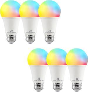 Reno Supplies Smart Light Bulbs, A19, 8W, RGBW Color Changing Light Bulbs with App Control, 800 LM, Voice Control, Works with Google Assistant, No Hub Required, Only Support 2.4G WiFi (Pack of 6)