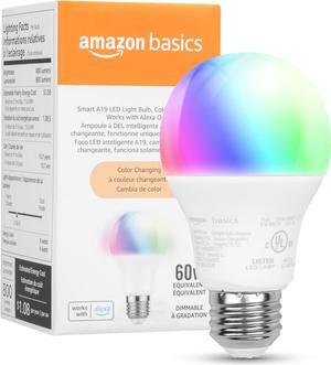 Basics - Smart A19 LED Light Bulb, 2.4 GHz Wi-Fi, 9W (Equivalent to 60W) 800LM, Works with Alexa Only, 1-Pack, Certified for Humans, Multicolor