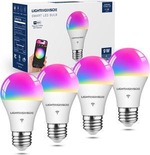 Lightinginside Smart Light Bulbs 60W Equivalent, 800LM 9W WiFi Smart Bulb Compatible with Alexa/Google Assistant, A19 E26 Color Changing Light Bulb No Hub Required, 2.4GHz WiFi Only, ETL Listed, 4PCS