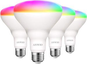 ANWIO BR30 Smart Light Bulbs, Alexa Light Bulbs, Google Light Bulbs, Smart Life Bulbs, Tuya App, Colour Changing Light Bulb, WiFi & Bluetooth No Hub Required,8.5W (60W Replacement) BR30 E26 4-Pack