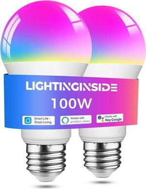 Lightinginside Smart Bulb 100W Equivalent, 1350LM 11W WiFi Smart Light Bulbs Work with Alexa and Google Assistant, A19 E26 Color Changing Light Bulb No Hub Required, 2.4GHz WiFi Only, ETL Listed, 2PC