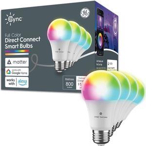 GE Cync Full Colour Direct Connect Smart Bulb A19, 60W Replacement, Bluetooth/Matter/WiFi Enabled, Works with Alexa, Google Assistant Without Hub, Pack of 4