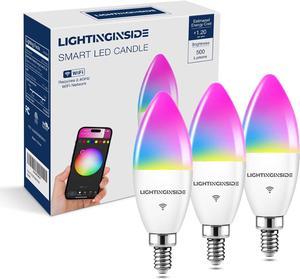 Lightinginside Smart Candelabra LED Bulbs, 60 Watt Equivalent, 6W 500lm, E12 LED Bulbs Work with Alexa and Google Assistant,80+CRI, RGB, APP Control, 3PCS