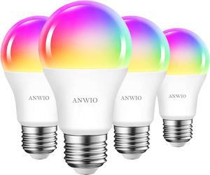 ANWIO Smart Light Bulbs, Alexa Light Bulbs, Google Light Bulbs, Smart Life Bulbs, Tuya App, Colour Changing Light Bulb, WiFi & Bluetooth No Hub Required,8.5W (60W Replacement) A19 E26 4-Pack