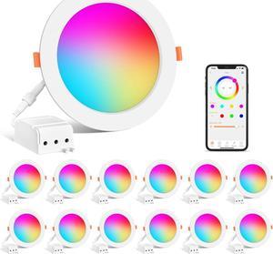 4 Inch LED Recessed Lighting 12W Smart Pot Lights Work with Alexa, RGB & Daylight 5000K Dimmable by Bluetooth Control, 1000LM High Brightness Recessed Downlight Ceiling Light, ETL Certified - 12Pack