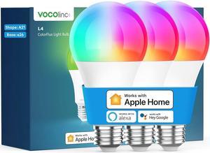 VOCOlinc Smart Light Bulb Works with Apple Homekit, Alexa, Google Home, Dimmable WiFi Smart Bulbs, 850 Lumens, E26 LED Smart Bulb 60 Watt Equivalent, A21, RGBW, 9.5W, 3 Pack