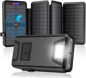 Solar-Charger-Power-Bank - 38800mAh with Dual 5V3.1A Outputs 10W Qi Wireless Charger Waterproof Built-in 4 Solar Panel and Bright Flashlights