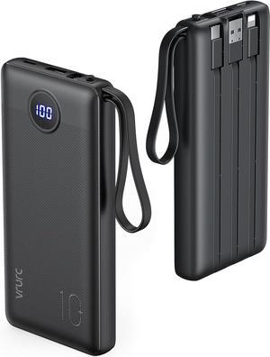 Portable Charger 10000mAh with Built in Cables, USB C Power Bank Ultra Slim 5 Output 2 Input LED Display VRURC External Battery Pack Phone Charger Compatible with iPhone,Samsung Cell Phones, Black