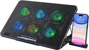 LIANGSTAR Laptop Cooling Pad, Laptop Cooler with 6 Quiet Fans 7 Color Light for 12-17 Inch Notebook Gaming Fan Stable Stand, 7 Height & Wind Speed Adjustable, 2 USB Port & Phone Holder