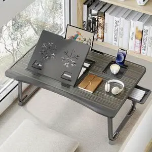 Laptop Desk for Bed, Adjustable Laptop Stand with 6 Different Angles, Portable Lap Tray Table with Storage Drawer and Cup Holder, Laptop Bed Desk Tray for Eating Working Writing Reading (Black)