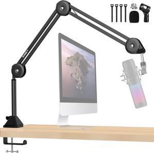 Aveek Overhead Mic Boom Arm Stand, Desk Boom Arm Microphone Stand with Detachable Riser Mount Clamp 3/8" to 5/8" Adapter Mic Clip Cable Ties Filter for Blue Yeti Snowball Hyper X QuadCast Shure