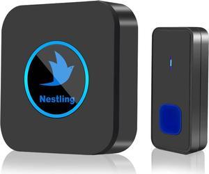 Nestling® Wireless Doorbell, IP55 Waterproof Door Bell with 55 Chimes Adjustable Volume LED Flash 1000Ft Operating Range, Easy Install Plug in Doorbell Chime Kit, Black