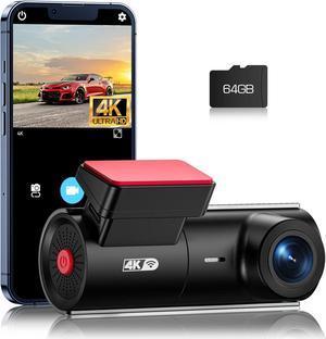 WiFi 4K Dash Cam for Cars with Front Camera, APP Control, Free 64GB SD Card, 170° Wide-Angle, Voice Broadcast, Night Vision, Loop Recording, G-Sensor, 24H Parking Monitor, Supports up to 128GB